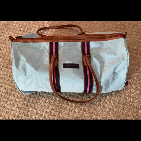 Nautica Handbags - Nautica Light Blue Canvas Weekender with Navy & Pink Stripes
